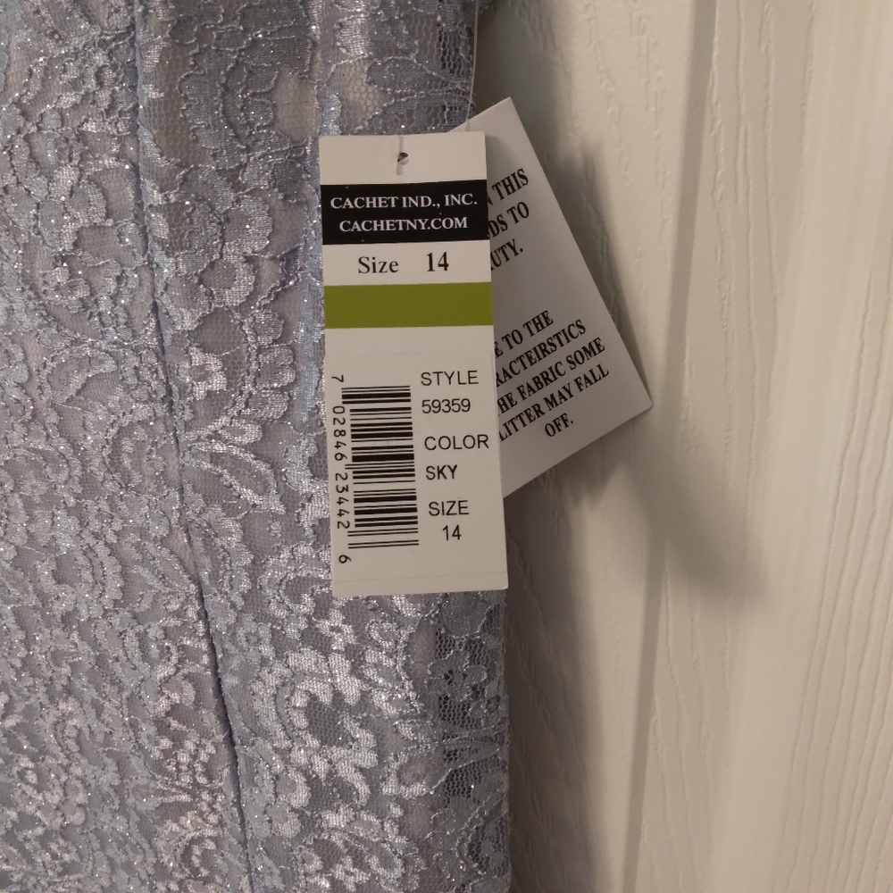 CACHET' NY Lace off the Shoulder Sky Blue Silver Trumpet Evening Gown Sparkle 14 - Picture 6 of 9